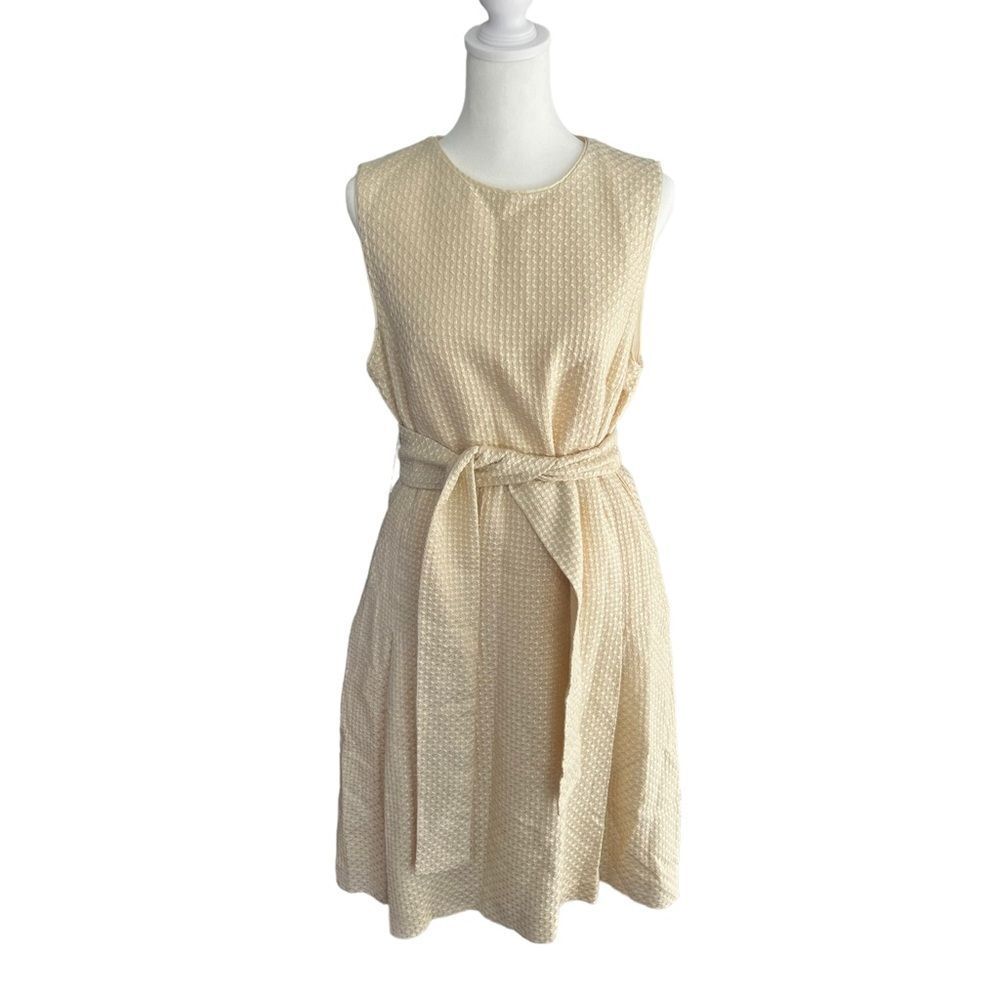 Elizabeth McKay New York Wool Fit & Flare Midi Dress Cream Textured Belted Size